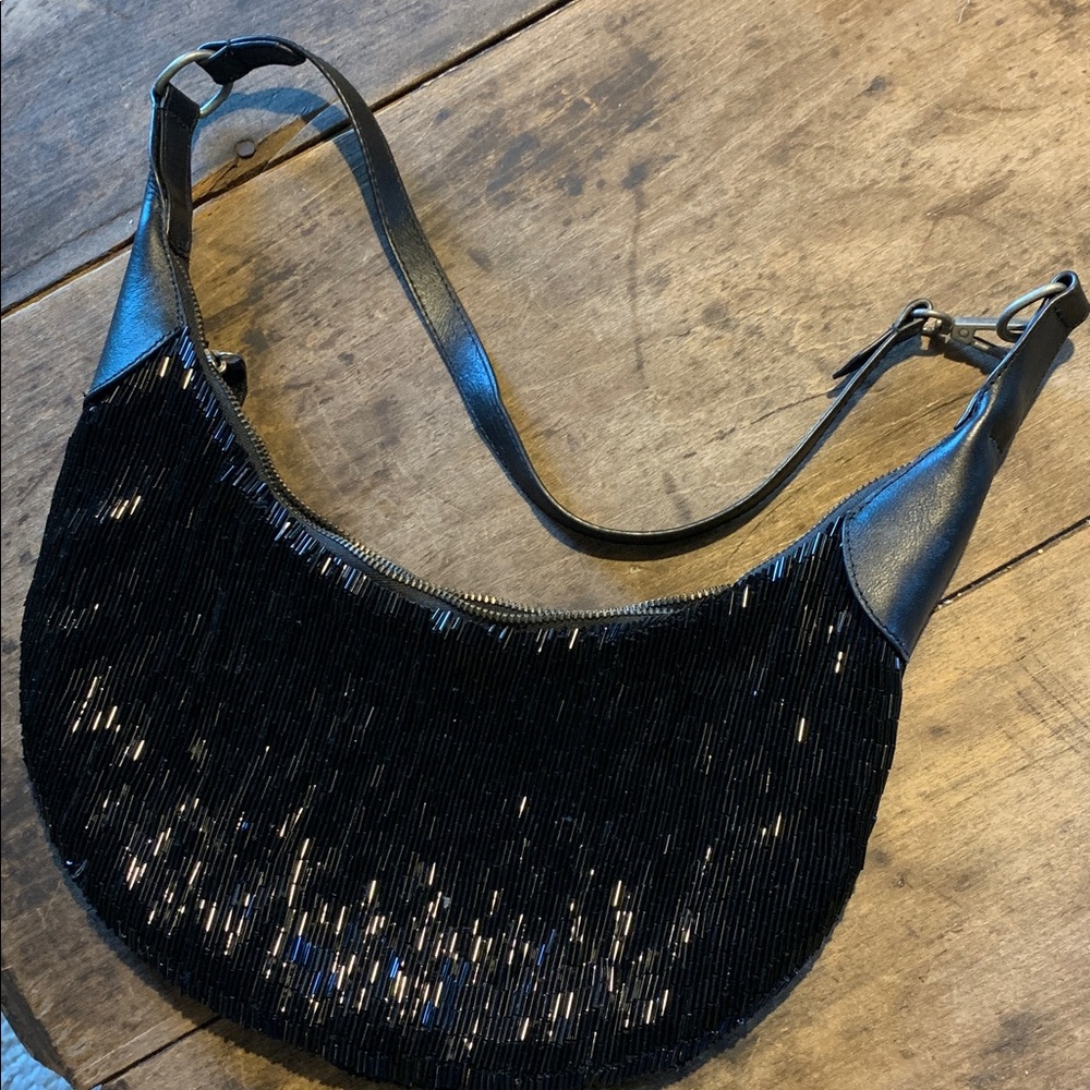 Like New Free People Bugle Beaded Floral Embroidered Black and Brown Hobo Bag - Picture 9 of 13